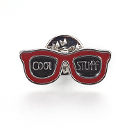 Alloy Safety Brooches, Enamel Pin, with Enamel and Iron Badge Lapel Pin Back Butterfly Clutches, Sun Glasses with  Word Cool Stuff, Platinum, Red, 10x25mm, Pin: 1mm(JEWB-TAC0001-09)