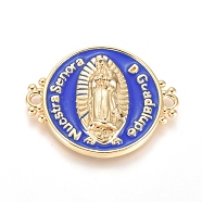 Brass Links connectors, with Enamel, Long-Lasting Plated, Flat Round with Virgin Mary, Golden, Blue, 21x26x4mm, Hole: 1.6mm(KK-I657-29C)