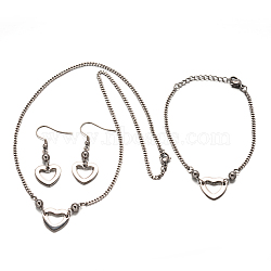 Heart 304 Stainless Steel Necklaces, Link Bracelets and Dangle Earrings Sets, Stainless Steel Color, 17.7 inch, 180mm, 44mm, Pin: 0.7mm(SJEW-F049-05)