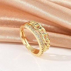 Curb Chain Style Brass Micro Pave Clear Cubic Zirconia Open Cuff Rings for Women, Real 18K Gold Plated, 7.5mm, US Size 7 1/4(17.5mm)(RJEW-G343-07G)