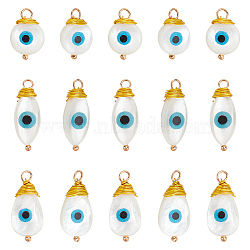 Nbeads 18Pcs 3 Style Freshwater Shell Pendants, with Golden Brass Findings, Flat Round & Teardrop with Evil Eye, Seashell Color, 14~20x7.5~9.5x4~6mm, Hole: 2~3mm, 6pcs/style(SHEL-NB0001-36)