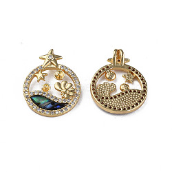 Brass Pave Clear Cubic Zirconia Peg Bails, with Synthetic Abalone Shell/Paua Shell, Nickel Free, Flat Round with Star, Real 18K Gold Plated, 23x18x4.5mm, Hole: 2x3.5mm(KK-N233-381)