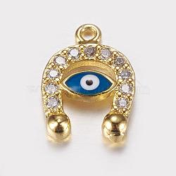 Long-Lasting Plated Brass Micro Pave Cubic Zirconia Enamel Charms, Real 18K Gold Plated, Horseshoe with Evil Eye, 13.5x10x2mm, Hole: 0.5mm(ZIRC-L072-55G)