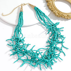Boho Coral Shaped Glass Seed Beaded Cluster Necklaces, Golden, Dark Turquoise, 17.72 inch(45cm)(FS-WGDCDA2-04)