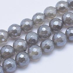 Electroplated Natural Grey Agate Beads Strands, Faceted, Round, 6~6.5mm, Hole: 1mm, about 63pcs/strand, 15.3 inch(39cm)(G-G724-6mm)