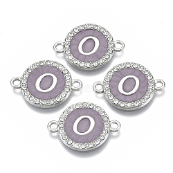 Alloy Enamel Links Connectors, with Crystal Rhinestones, Flat Round with Letter, Silver Color Plated, Letter.O, 22x16x2mm, Hole: 1.8mm(ENAM-TAC0003-01S-01O)