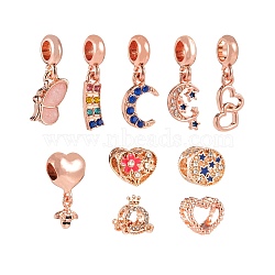10Pcs 10 Styles Alloy Rhinestone European Dangle Large Hole Beads and Pendants, with Enamel, Heart & Column & Rondelle & Rectangle , Rose Gold, 1pc/Style(MPDL-FS0001-01RG)