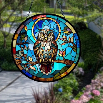 Stained Acrylic Window Hanger Panel, with Metal Chain and Jump Rings, for Suncatcher Window Hanging Decoration, Owl, 150x2mm