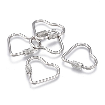 304 Stainless Steel Screw Carabiner Lock Charms, for Necklaces Making, Heart, Stainless Steel Color, 23x24.5x4mm, Screw: 7x4mm