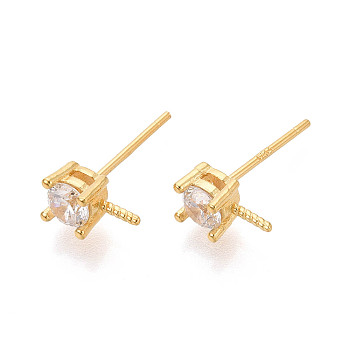 925 Sterling Silver & Clear Cubic Zirconia Stud Earring Findings, Square, for Half Drilled Beads, with 925 Stamp, Golden, 8x4mm, Pin: 1mm