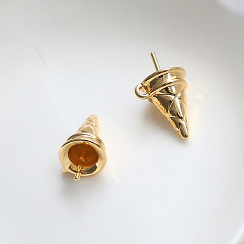 Brass Ice Cream Cone Peg Bail Pin Charms, for Half Drilled Baroque Pearl Making, Golden, 21x12mm, Hole: 1.4mm, Pin: 1mm