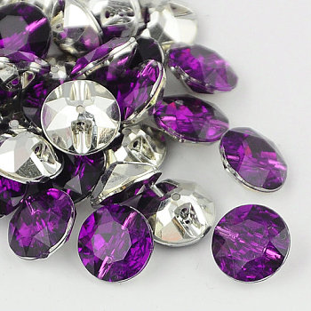 Taiwan Acrylic Rhinestone Buttons, Faceted, 1-Hole, Flat Round, Purple, 25x10mm, Hole: 2mm