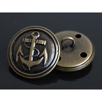 1-Hole Brass Shank Buttons, Nautical Buttons, Flat Round with Anchor Buttons, Antique Bronze, 20mm, Hole: 2mm