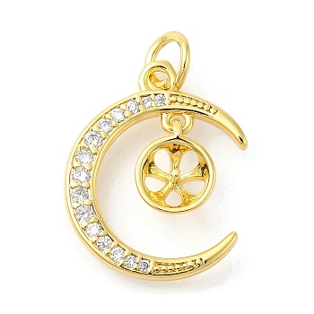 Plane Rack Moon Plating Brass Micro Pave Clear Cubic Zirconia Pendant Rhinestone Settings, Long-Lasting Plated, Lead Free & Cadmium Free, with Jump Ring, Real 18K Gold Plated, Fit for 5mm Rhinestone, 18.5x15x1.5mm, Hole: 3mm