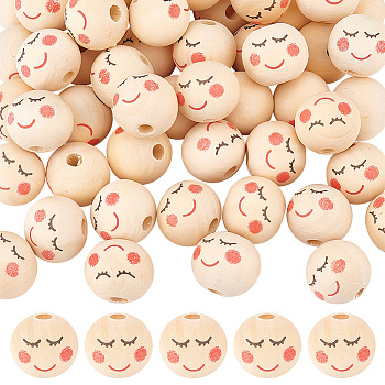 50Pcs Natural Wood European Beads, Large Hole Smile Face Print Round Beads, Undyed, Moccasin, 20mm