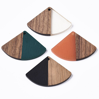 Resin & Wood Pendants, Fan Shape, Mixed Color, 26x37.5~38x3.5mm, Hole: 2mm