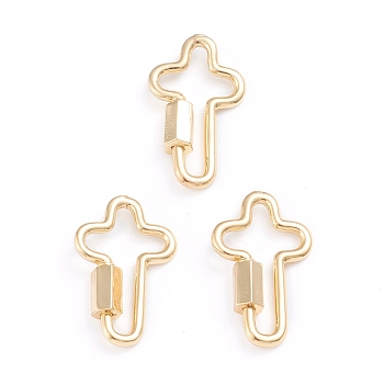 Brass Screw Carabiner Lock Charms, for Necklaces Making, Cross, Real 18K Gold Plated, 25x15.5x1.5mm, Screw: 7.5x4x4.5mm