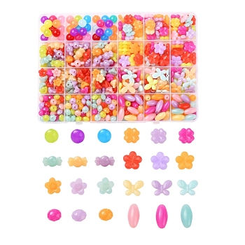533Pcs 7 Style Imitation Jelly Acrylic Beads, Faceted, Round, Clover, Candy, Flower, Butterfly, Rondelle, Oval, Mixed Color, 533pcs/box