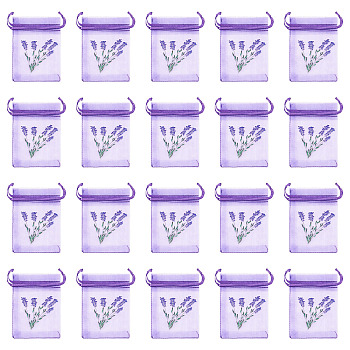 20Pcs Polyester Mesh Sachet Packing Drawstring Bgas, Rectangle with Lavender Pattern, Blue Violet, 9.6x6.9x0.15cm