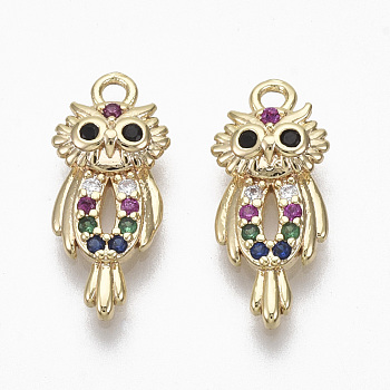 Brass Micro Pave Cubic Zirconia Charms, Nickel Free, Owl, Real 18K Gold Plated, Colorful, 15.5x7x3mm, Hole: 1.2mm