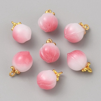 Glass Pendants, with Alloy Loops, Peach Charms, White, 17x11.5x10.5mm, Hole: 1.5mm