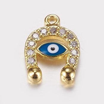 Long-Lasting Plated Brass Micro Pave Cubic Zirconia Enamel Charms, Real 18K Gold Plated, Horseshoe with Evil Eye, 13.5x10x2mm, Hole: 0.5mm
