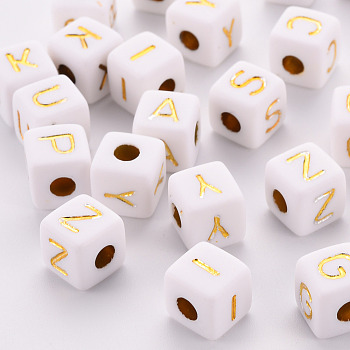 Opaque White Acrylic European Beads, Horizontal Hole, Large Hole Beads, Metal Enlaced, Cube with Gold Random Mixed Letters, 9.5x9.5x9.5mm, Hole: 4mm, about 500pcs/500g