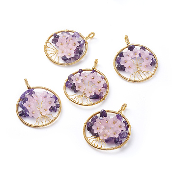 Natural Amethyst Pendants, with Golden Tone Brass Findings and Flower Acrylic Beads, Flat Round, 62~66x50~52x10~15mm, Hole: 4mm