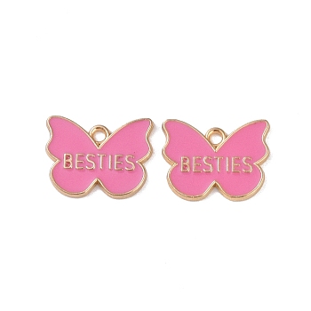 Alloy Enamel Pendants, Cadmium Free & Lead Free, Golden, Butterfly with Word Besties Charm, Hot Pink, 15.5x20x1.5mm, Hole: 2mm