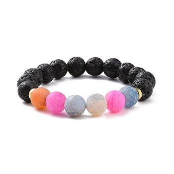 Natural Weathered Agate(Dyed) & Lava Rock Round Beaded Stretch Bracelet, Essential Oil Gemstone Jewelry for Women, Inner Diameter: 2 inch(5cm)