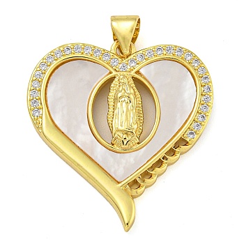 Real 18K Gold Plated Brass Pendants with Shell, Religion, Heart, 27x25x3.5mm, Hole: 3x5.5mm