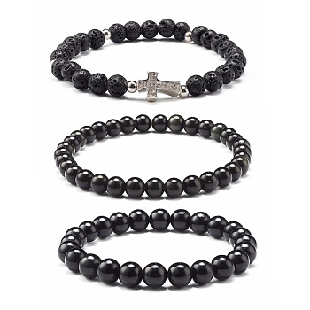 Natural Obsidian & Lava Rock Round Beads Stretch Bracelets Set, Cross Brass Micro Pave Cubic Zirconia Beads Bracelets for Men Women, Platinum, Inner Diameter: 2-3/8 inch(6cm), 3pcs/set