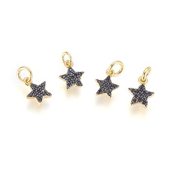 Brass Micro Pave Cubic Zirconia Charms, with Jump Ring, Star, Black, Gunmetal & Golden, 9x7x2mm, Hole: 2.5mm