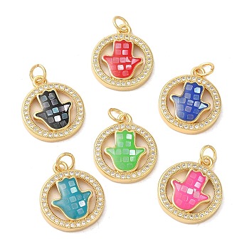 Flat Round with Hamsa Hand Rack Plating Brass Cubic Zirconia Pendants, with Enamel & Shell, Long-Lasting Plated, Lead Free & Cadmium Free, Real 18K Gold Plated, with Jump Ring, Mixed Color, 18x16x3mm, Hole: 3mm