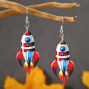 Independence Day Air Rocket Spacecraft Wooden Dangle Earrings, Blue