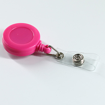 ABS Plastic Badge Reel, Retractable Badge Holder, with Platinum Iron Bobby Clip, Flat Round, Deep Pink, 86x32x16mm