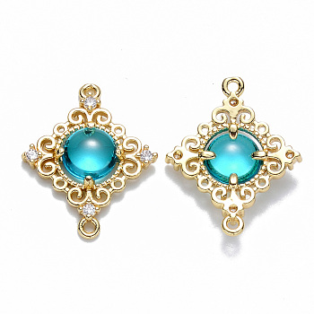 Glass Links connectors, with Eco-Friendly Alloy Open Back Berzel Findings and Clear Cubic Zirconia, Rhombus, Nickel Free, Light Gold, Dark Turquoise, 23.5x19x4.5mm, Hole: 1.2mm