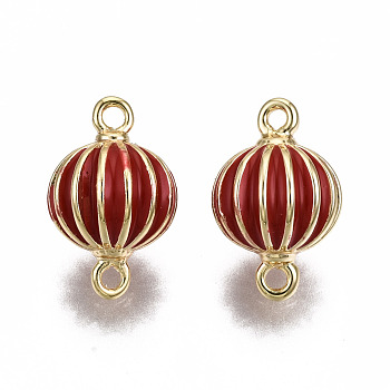 Brass Enamel Links Connectors, Nickel Free, Real 18K Gold Plated, Lantern, Red, 11.5x7.5mm, Hole: 1mm