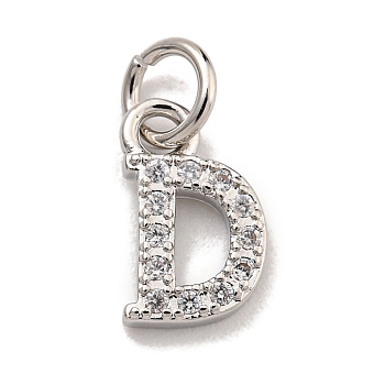 Initial Letter Brass with Cubic Zirconia Charms, Platinum, Long-Lasting Plated, Lead Free & Cadmium Free, Letter D, 10x6x1.5mm, ring: 5x1mm, inner diameter: 3mm