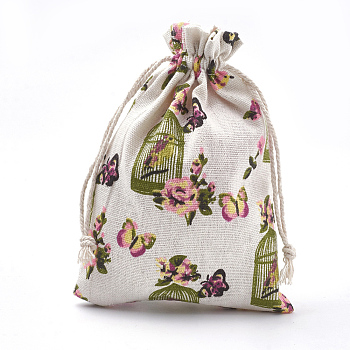 Polycotton(Polyester Cotton) Packing Pouches Drawstring Bags, with Printed Flower, Colorful, 18x13cm