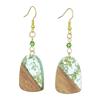 Resin & Walnut Wood Arch Dangle Earrings, Golden Iron Long Drop Earrings, Light Green, 63x20mm