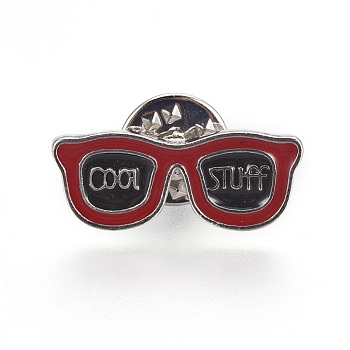 Alloy Safety Brooches, Enamel Pin, with Enamel and Iron Badge Lapel Pin Back Butterfly Clutches, Sun Glasses with  Word Cool Stuff, Platinum, Red, 10x25mm, Pin: 1mm