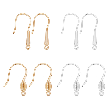 8 Pairs 4 Style Brass Earring Hooks, with Horizontal Loops, Platinum & Golden, 22.5x10x2mm and 20x15x3.5mm, Hole: 1mm, Pin: 0.8mm, 2 Pairs/style