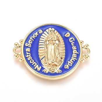 Brass Links connectors, with Enamel, Long-Lasting Plated, Flat Round with Virgin Mary, Golden, Blue, 21x26x4mm, Hole: 1.6mm