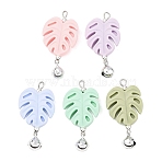 5Pcs Food Grade Eco-Friendly Silicone Pendants, with Brass Bell, Monstera Leaf Charms, Silver, Mixed Color, 41x21x6.5mm, Hole: 3mm(PALLOY-JF04549-02)