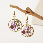 Alloy Epoxy Dried Flower Dangle Earrings, with Steel Pins, Flat Round, Golden, Orchid, 41x21mm(FS-WGABF6D-10)