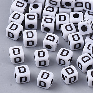 White Opaque Acrylic Beads, Horizontal Hole, Cube with Black Alphabet, Letter.D, 4~5x4~5x4~5mm, Hole: 1.8mm, about 6470~6500pcs/500g(MACR-R869-02D)