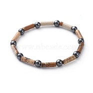 Natural Picture Jasper & Non-Magnetic Synthetic Hematite Beads Stretch Bracelets, Column and Round, 2-3/8 inch(6cm)(BJEW-JB04691-02)