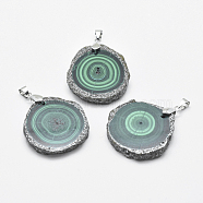 Natural Malachite Pendants, with Alloy Findings, Nuggets, Platinum, 32~42x29~34x5.5mm, Hole: 4x5mm(G-E464-39)