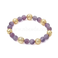 8.5mm Round Frosted Natural Amethyst Beaded Stretch Bracelets, Coin Round Brass Bead Bracelets for Women, Inner Diameter: 2-1/8 inch(5.4cm)(BJEW-JB10491)